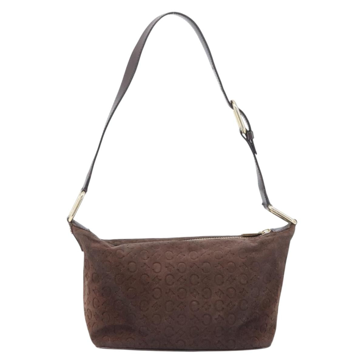 CELINE C Macadam Canvas Shoulder Bag Suede Brown Gold Auth BA16764