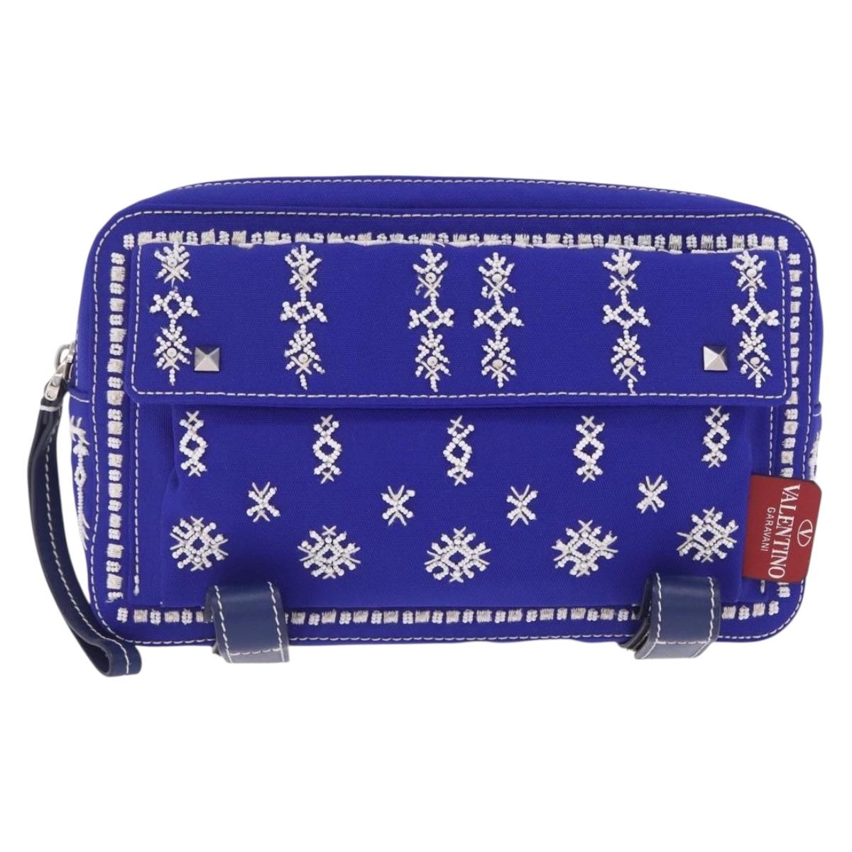 Valentino Shoulder Bag Canvas Blue Silver Auth BA16778V