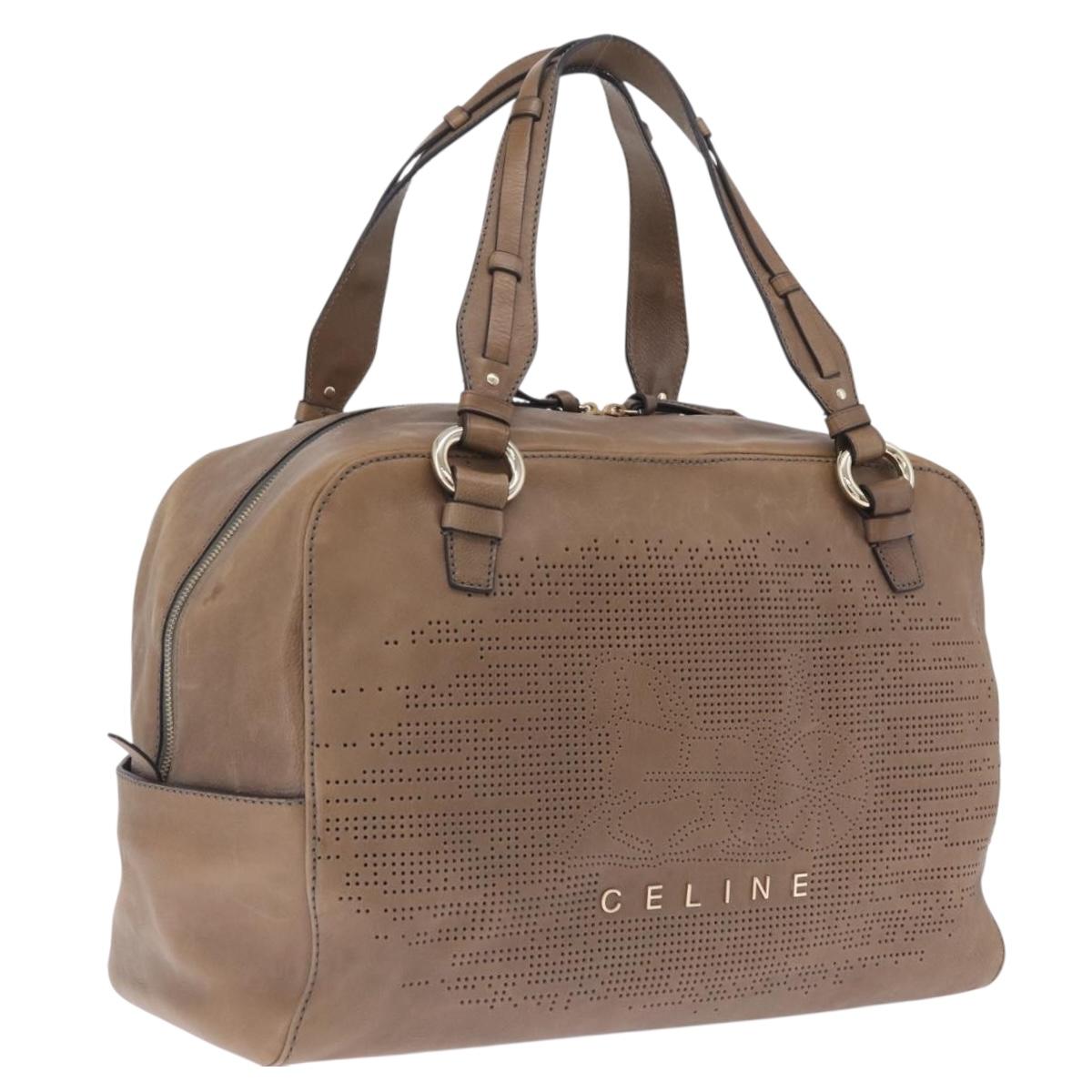CELINE Hand Bag Leather Beige Gold Tone Auth BA16782