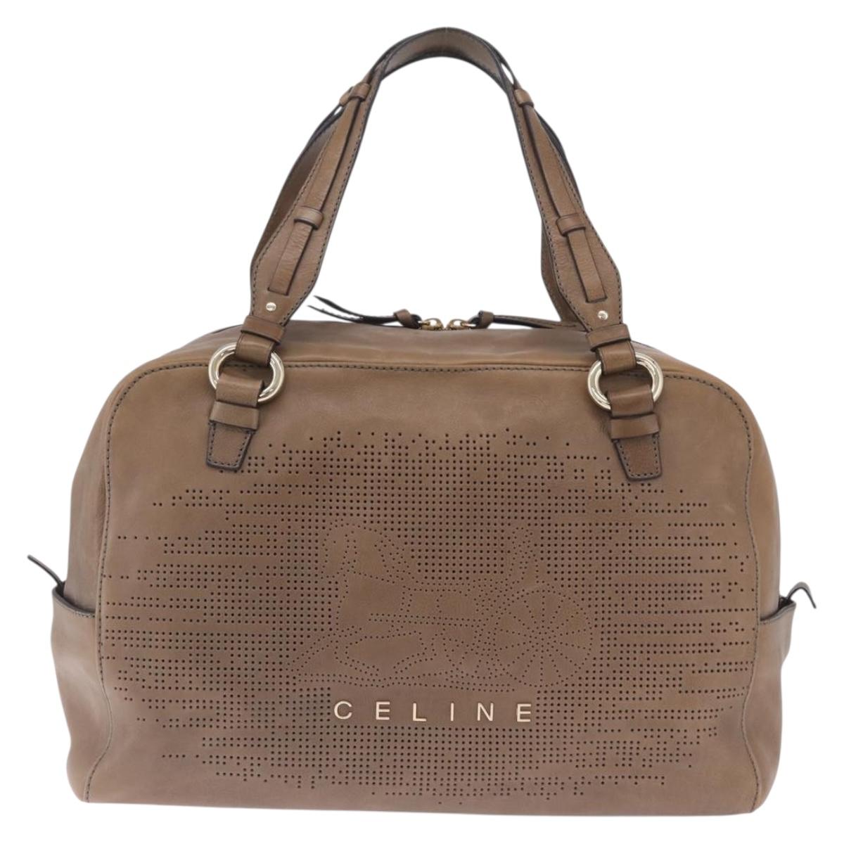 CELINE Hand Bag Leather Beige Gold Tone Auth BA16782