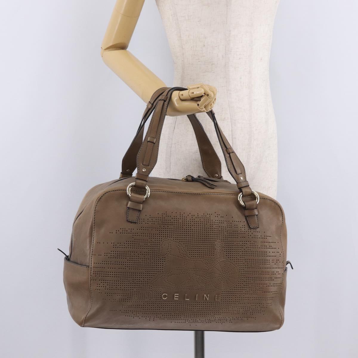 CELINE Hand Bag Leather Beige Gold Tone Auth BA16782