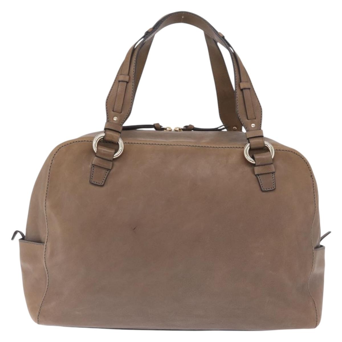 CELINE Hand Bag Leather Beige Gold Tone Auth BA16782