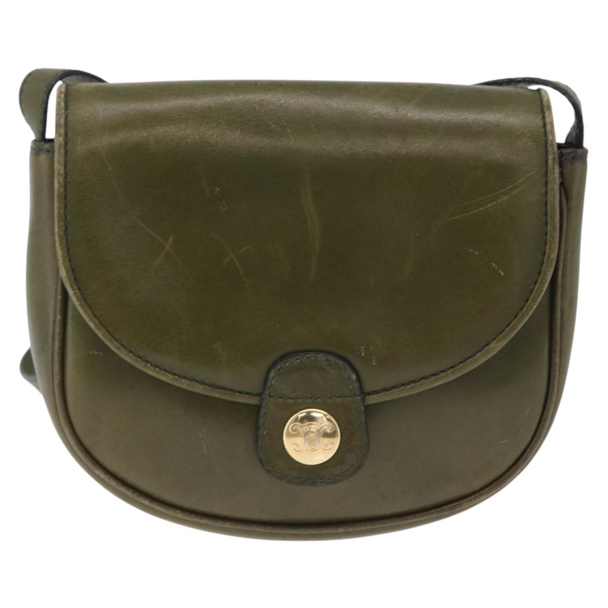 CELINE Shoulder Bag Leather Khaki Gold Tone Auth BA16784