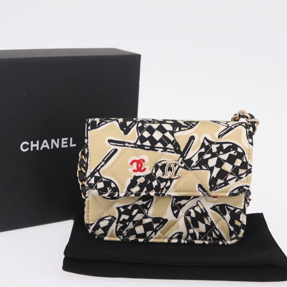 CHANEL Mini Matelasse Chain Shoulder Bag Canvas Beige Gold Tone CC Auth BA16785M