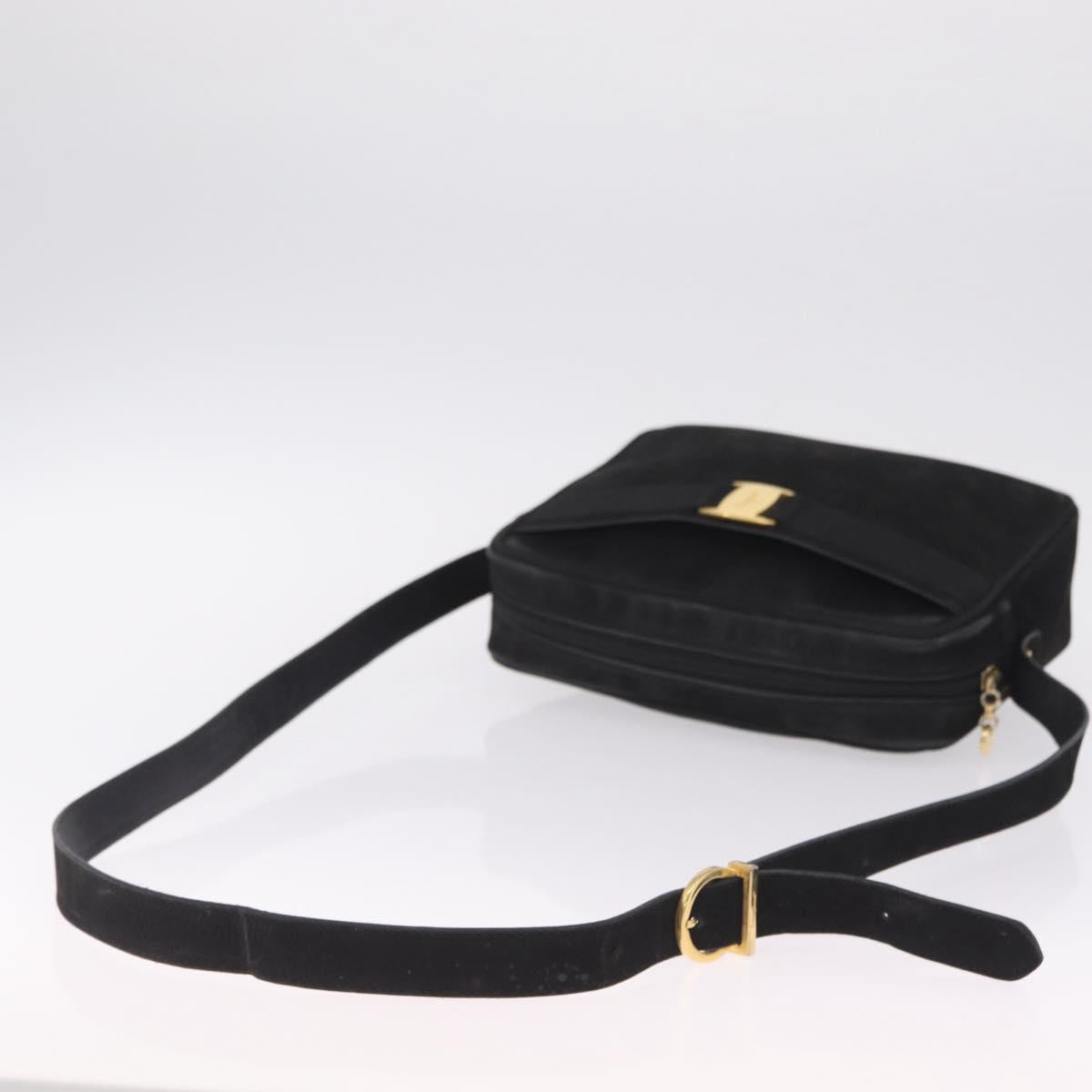 Salvatore Ferragamo Vala Shoulder Bag Suede Black Gold Tone Auth BA16787