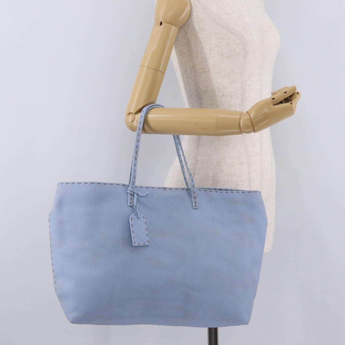 FENDI Celeria Tote Bag Leather Light Blue Silver 8BH088 Auth BA16789