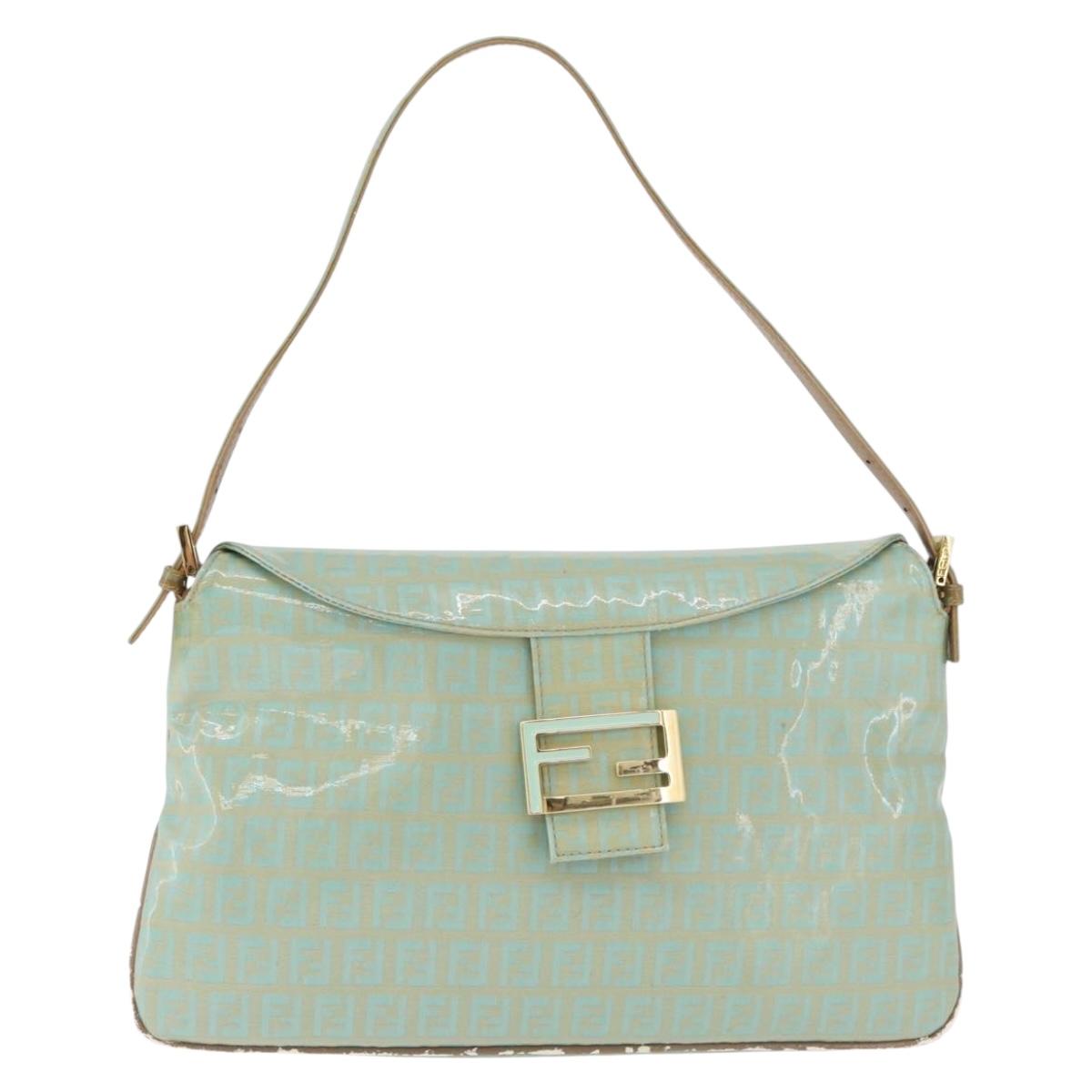 FENDI Zucchino Mamma Baguette Shoulder Bag PVC Mint Green Gold Tone Auth BA16812