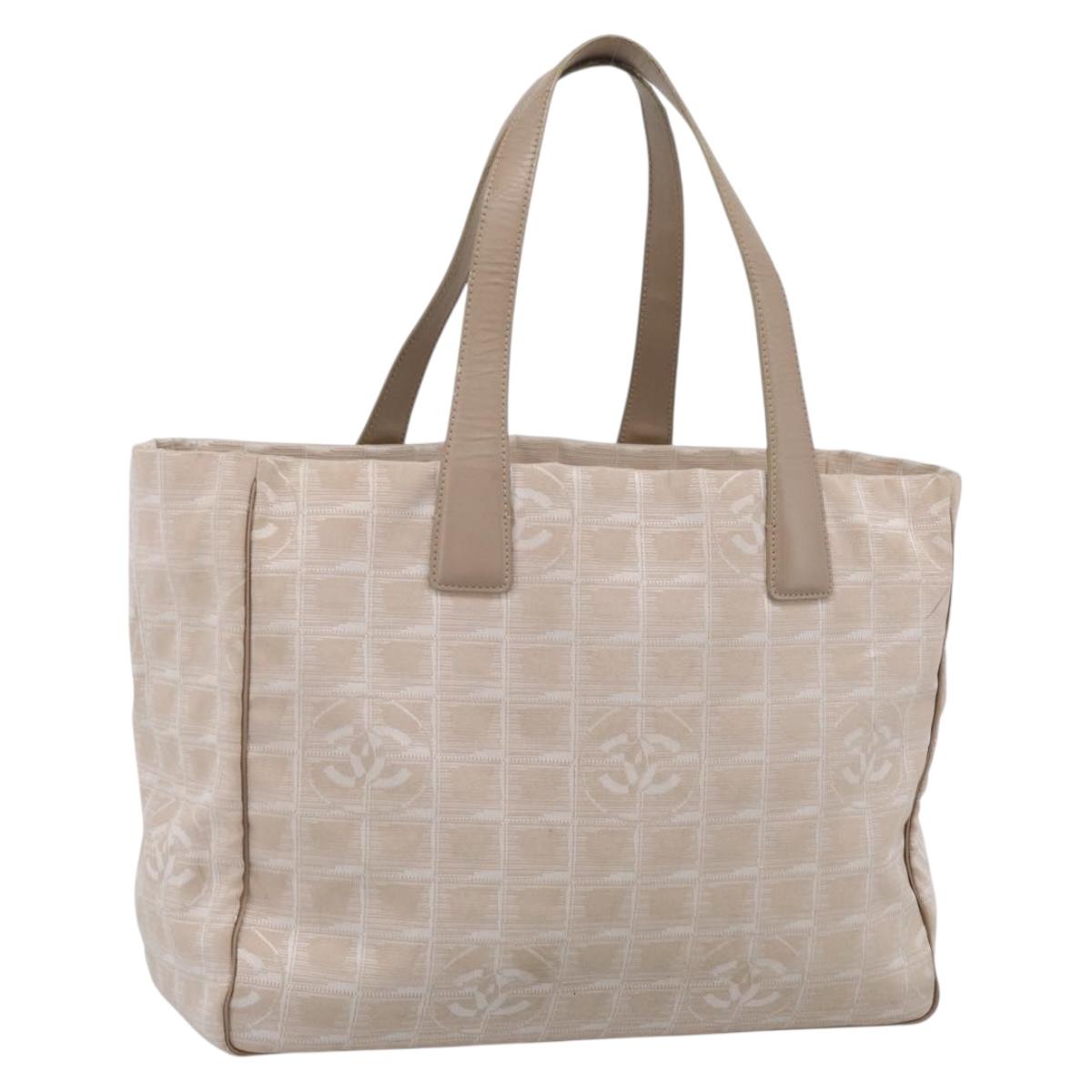 CHANEL New Travel Line Tote Bag Canvas Beige Gold Tone CC Auth BA16815