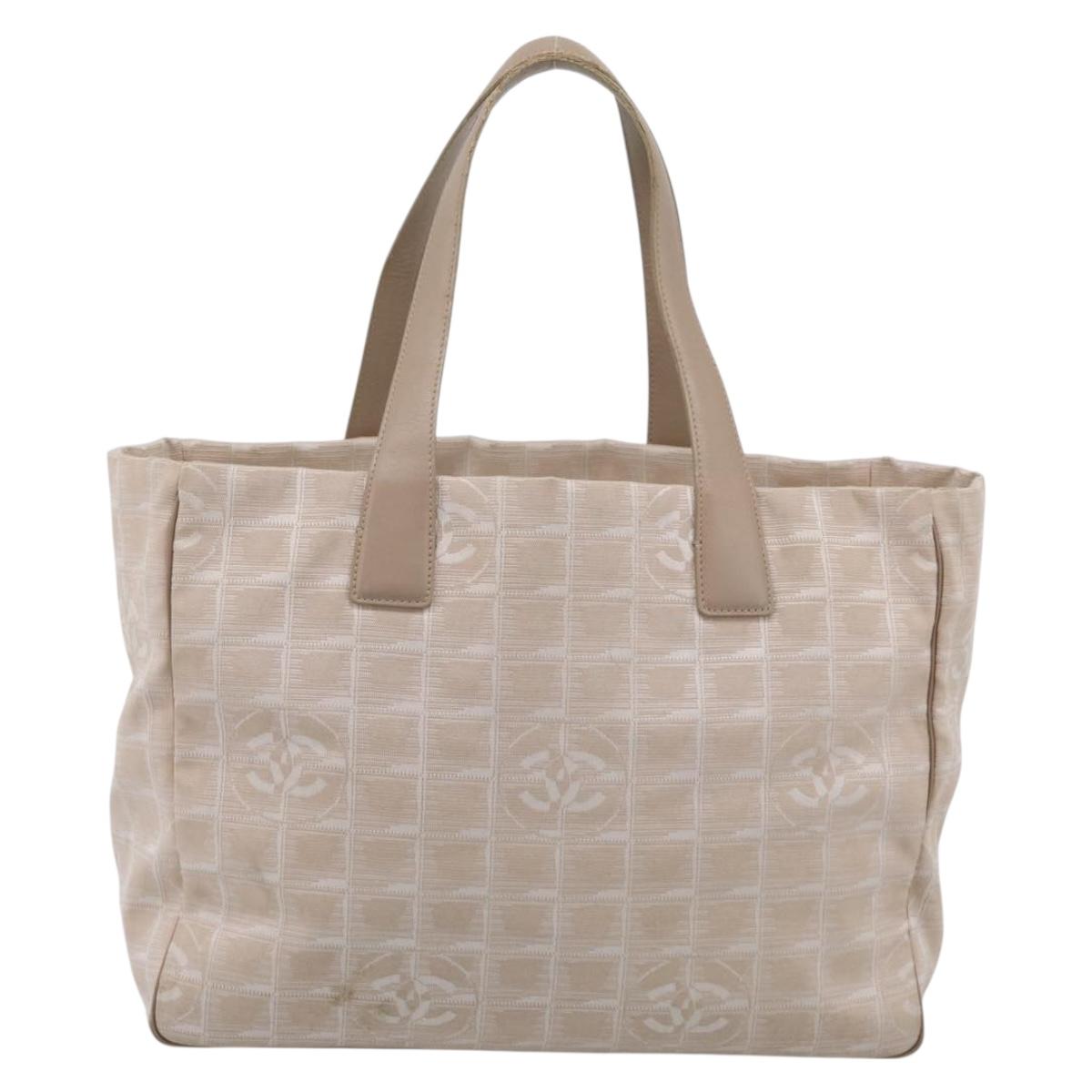 CHANEL New Travel Line Tote Bag Canvas Beige Gold Tone CC Auth BA16815