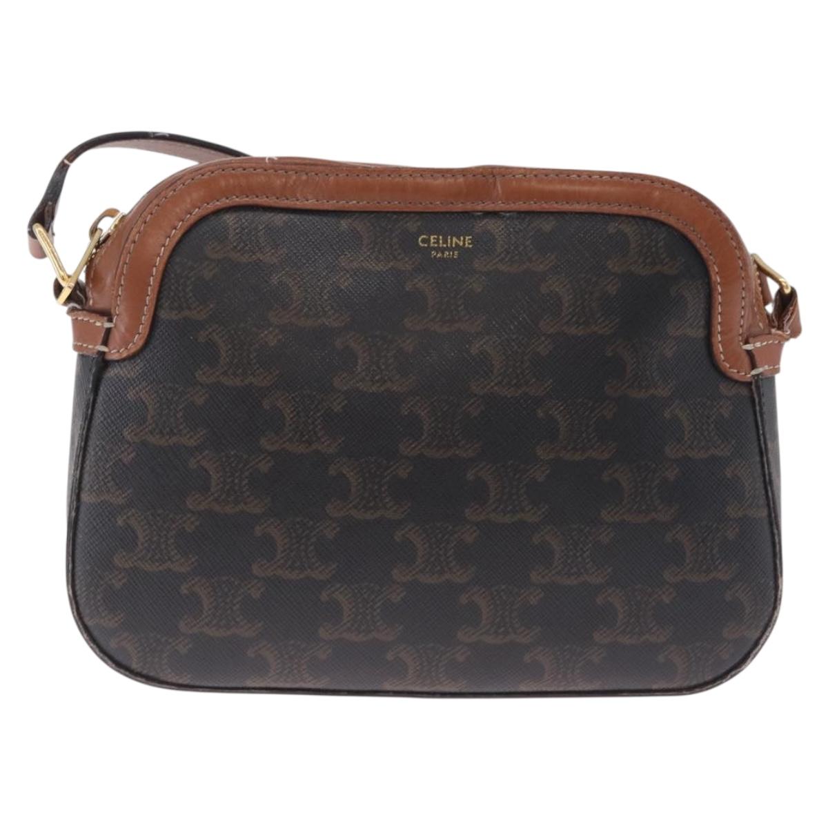 CELINE Triomphe Shoulder Bag PVC Leather Black Gold Tone Auth BA16816