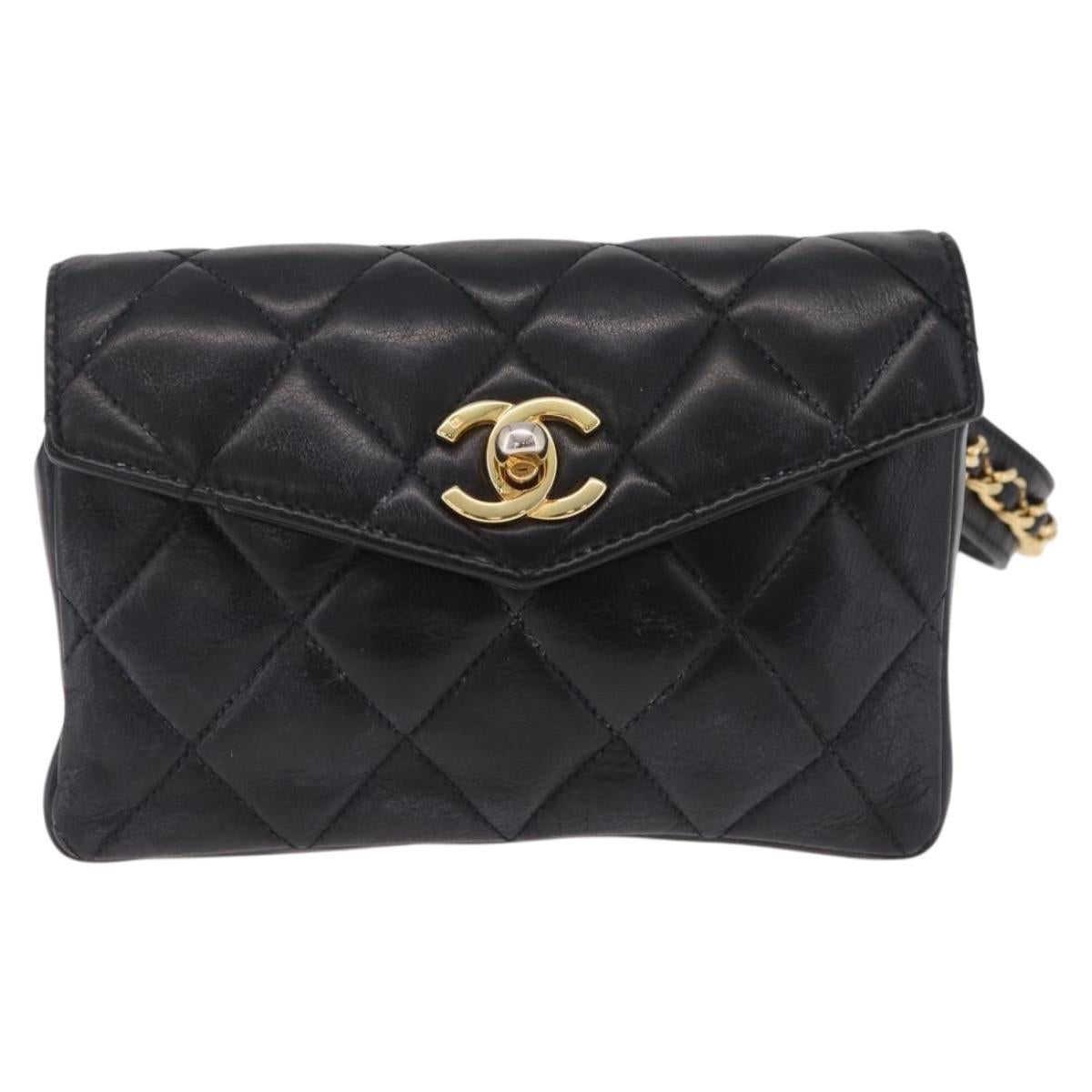 CHANEL Matelasse Chain Waist Bag Lamb Skin Black Gold Tone CC Auth BA16820