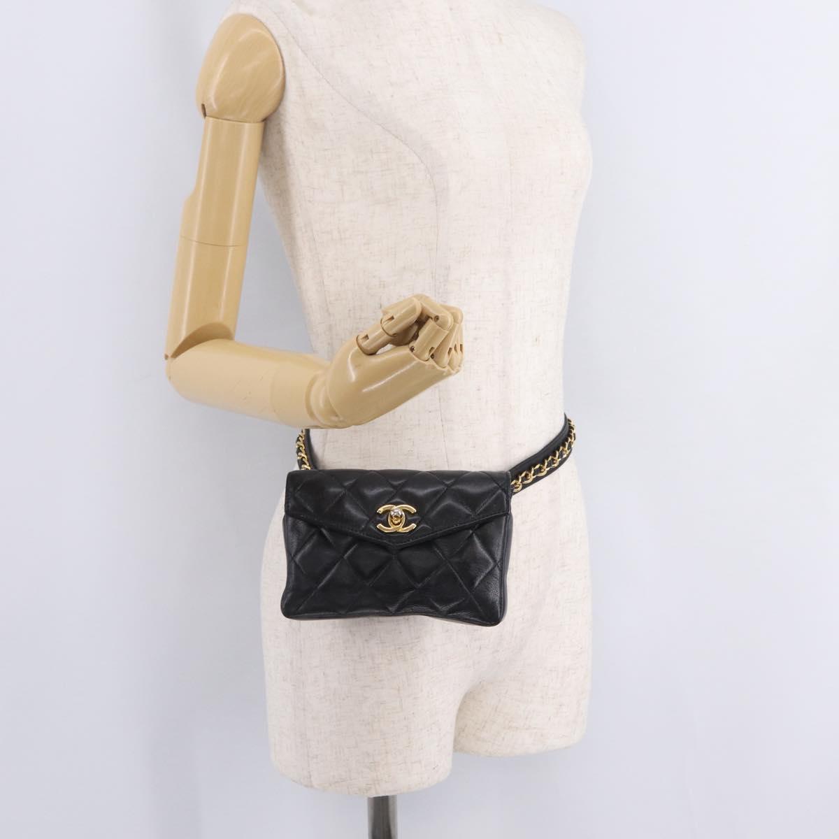 CHANEL Matelasse Chain Waist Bag Lamb Skin Black Gold Tone CC Auth BA16820