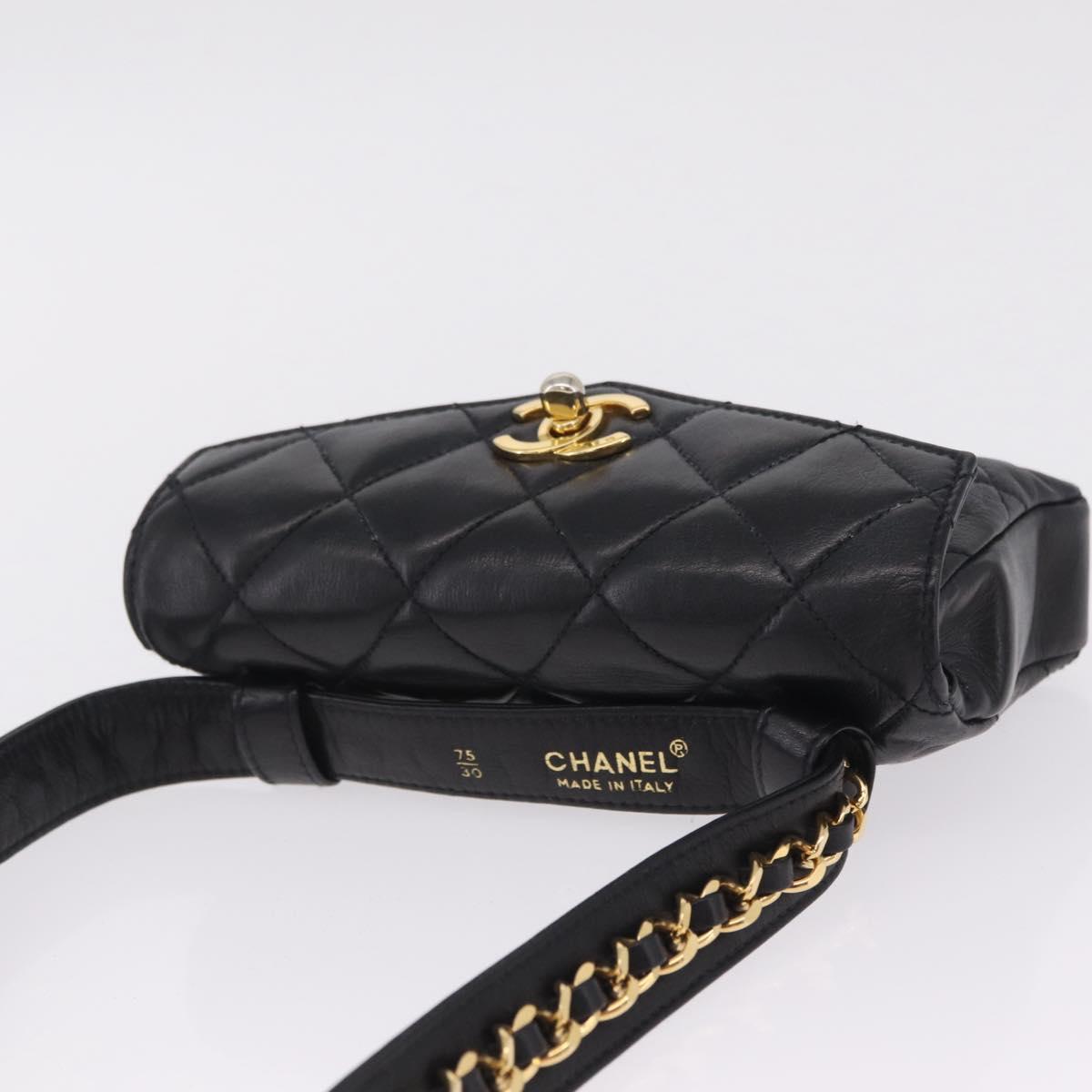 CHANEL Matelasse Chain Waist Bag Lamb Skin Black Gold Tone CC Auth BA16820