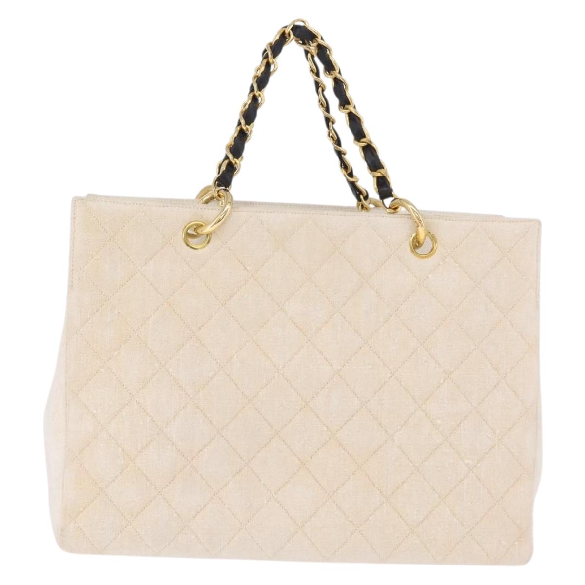 CHANEL Matelasse Chain Tote Bag Canvas Ivory Gold Tone CC Auth BA16821