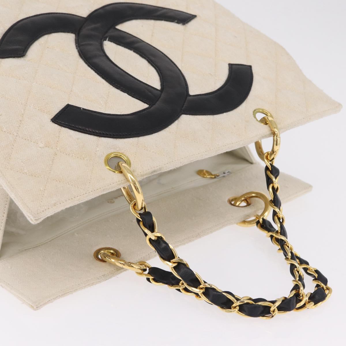 CHANEL Matelasse Chain Tote Bag Canvas Ivory Gold Tone CC Auth BA16821