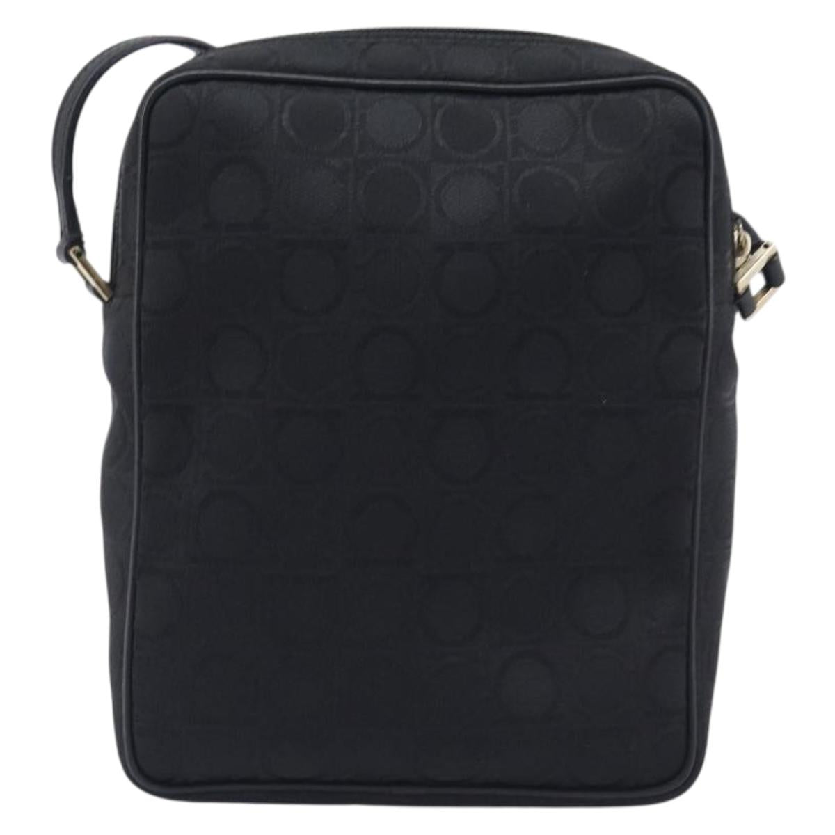 Salvatore Ferragamo Shoulder Bag Canvas Black Gold Tone Auth BA16827