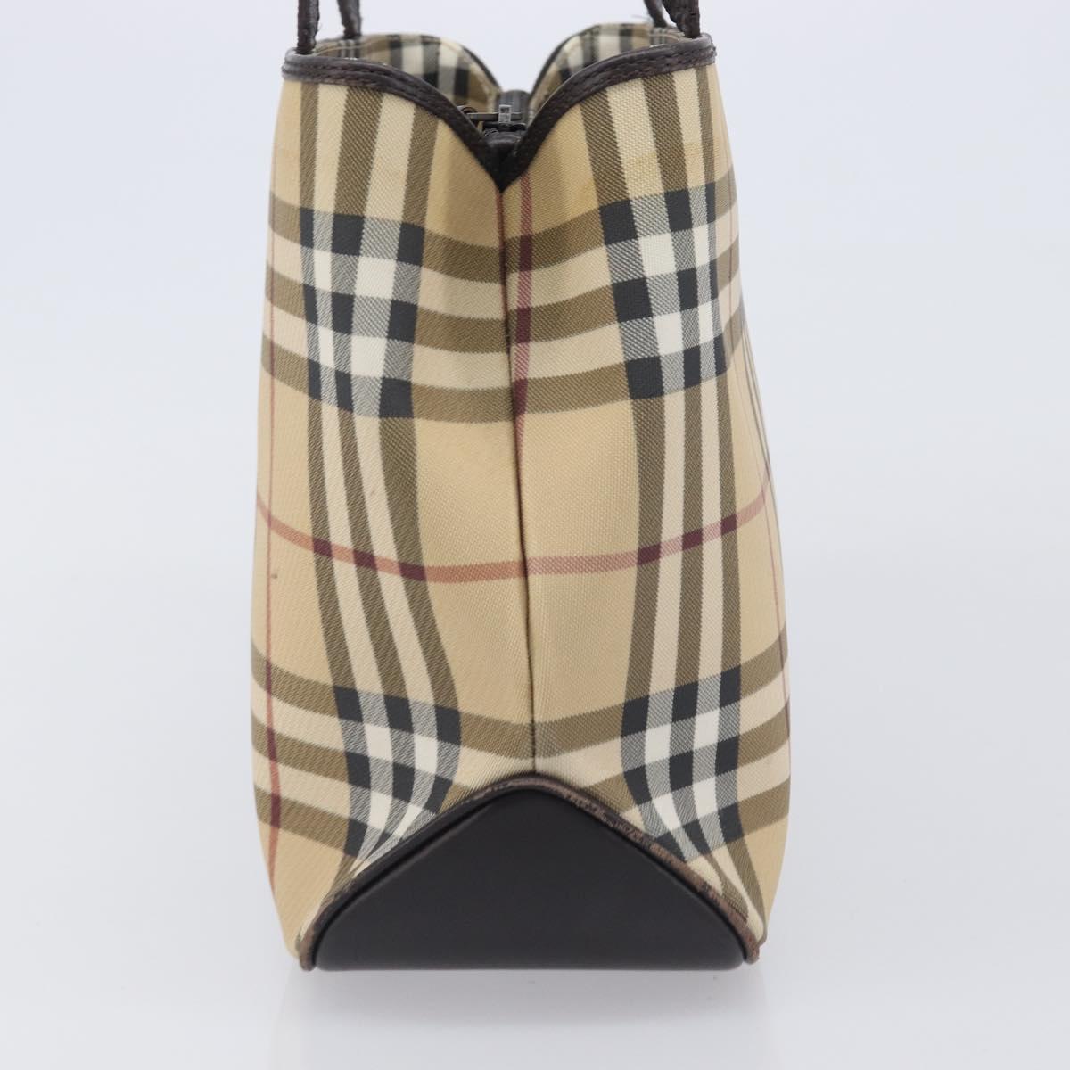 BURBERRY Nova Check Hand Bag PVC Leather Beige Silver Auth BA16839