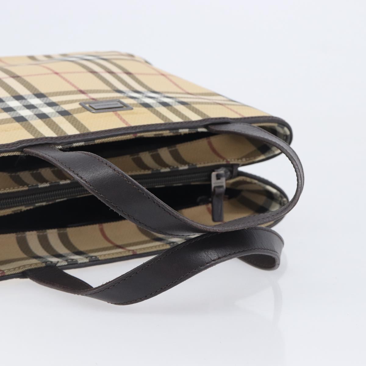 BURBERRY Nova Check Hand Bag PVC Leather Beige Silver Auth BA16839