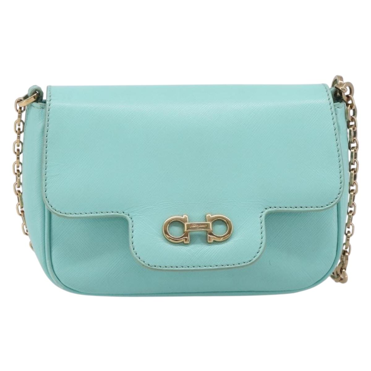 Salvatore Ferragamo Gancini Chain Shoulder Bag Leather Light Blue Auth BA16843A