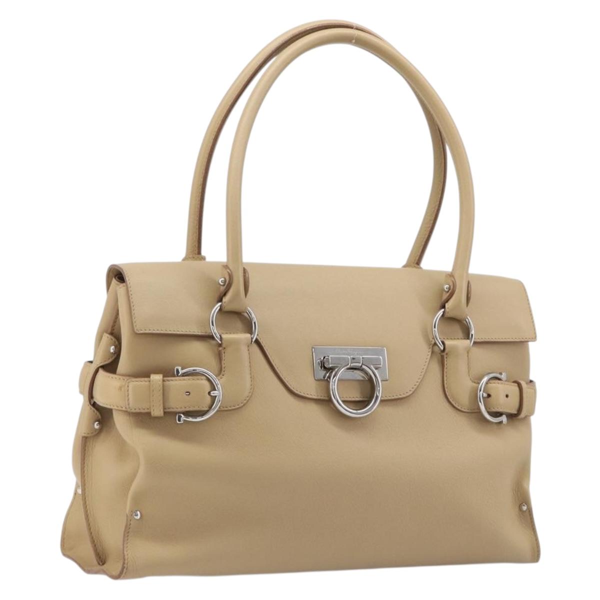 Salvatore Ferragamo Gancini Hand Bag Leather Beige Silver Auth BA16845A