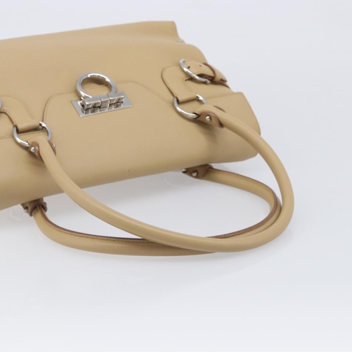 Salvatore Ferragamo Gancini Hand Bag Leather Beige Silver Auth BA16845A