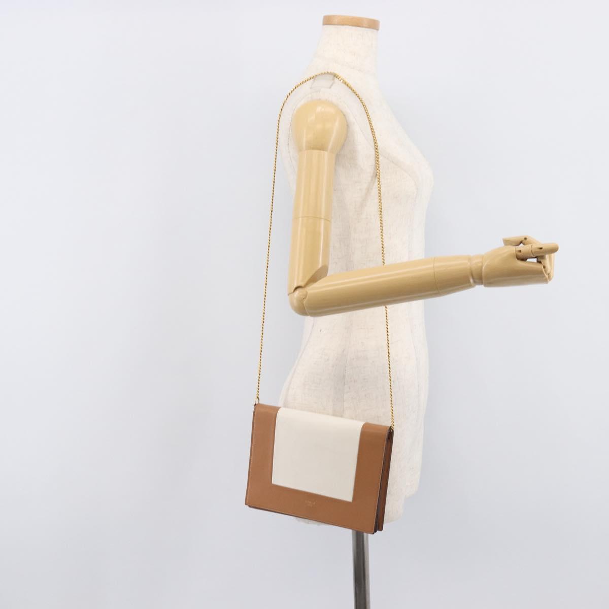 CELINE Frame Evening Clutch Shoulder Bag Leather Beige Gold Tone Auth BA16846A