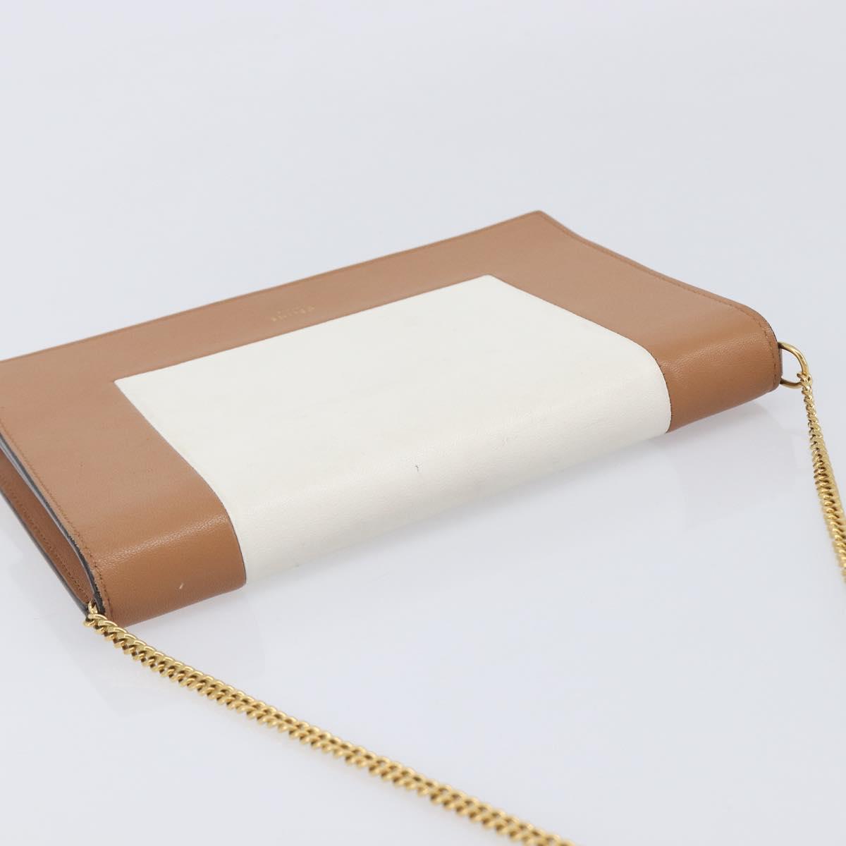 CELINE Frame Evening Clutch Shoulder Bag Leather Beige Gold Tone Auth BA16846A