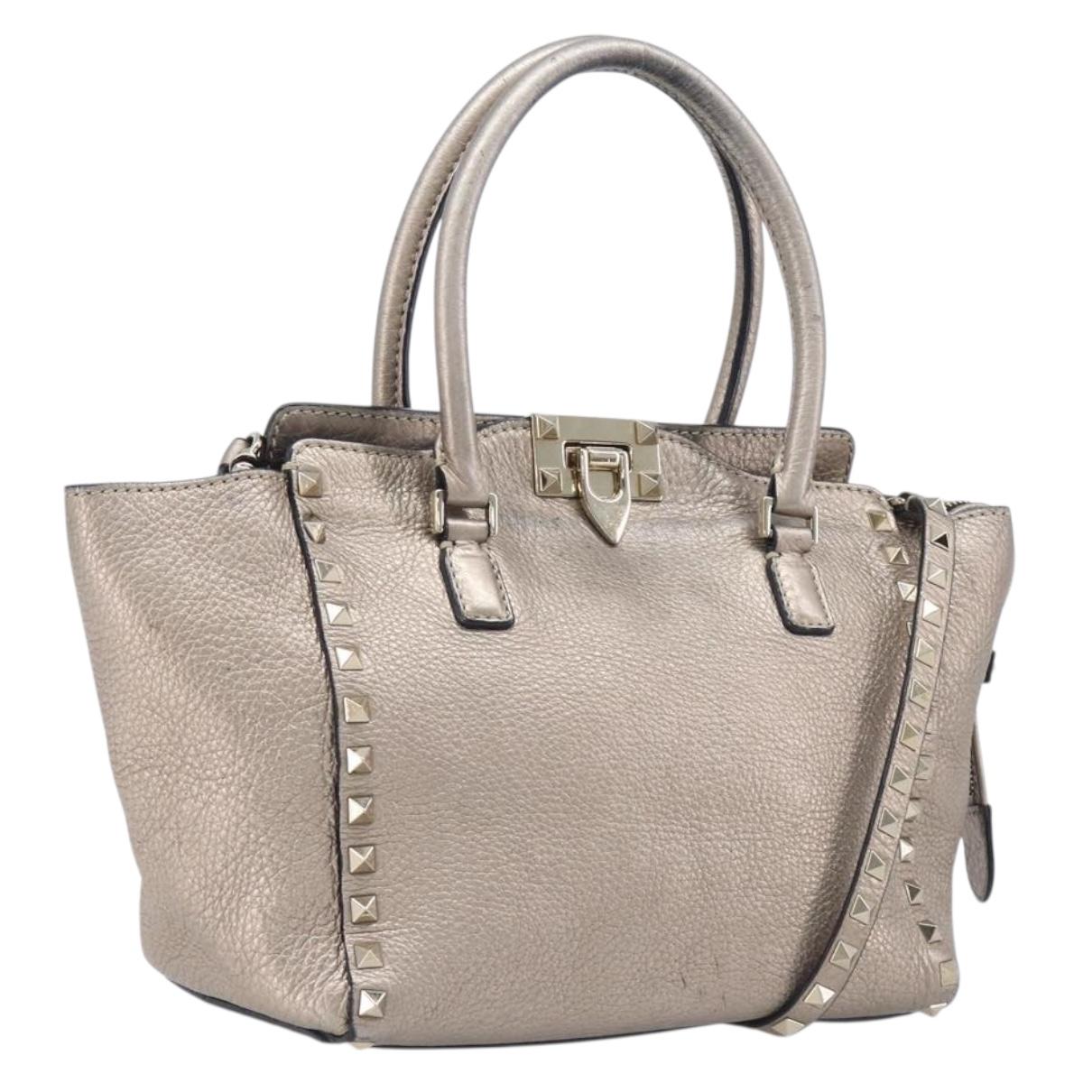 Valentino Rock Studs Hand Bag Leather 2way Gold Auth BA16848