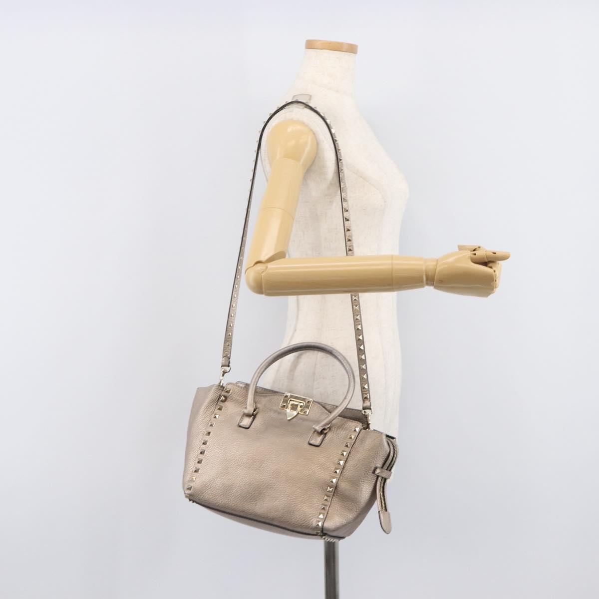 Valentino Rock Studs Hand Bag Leather 2way Gold Auth BA16848