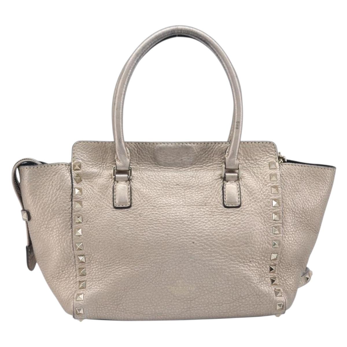Valentino Rock Studs Hand Bag Leather 2way Gold Auth BA16848