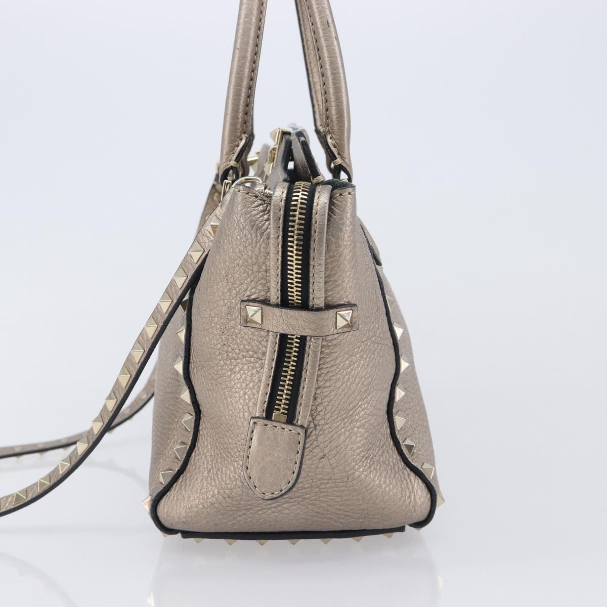 Valentino Rock Studs Hand Bag Leather 2way Gold Auth BA16848