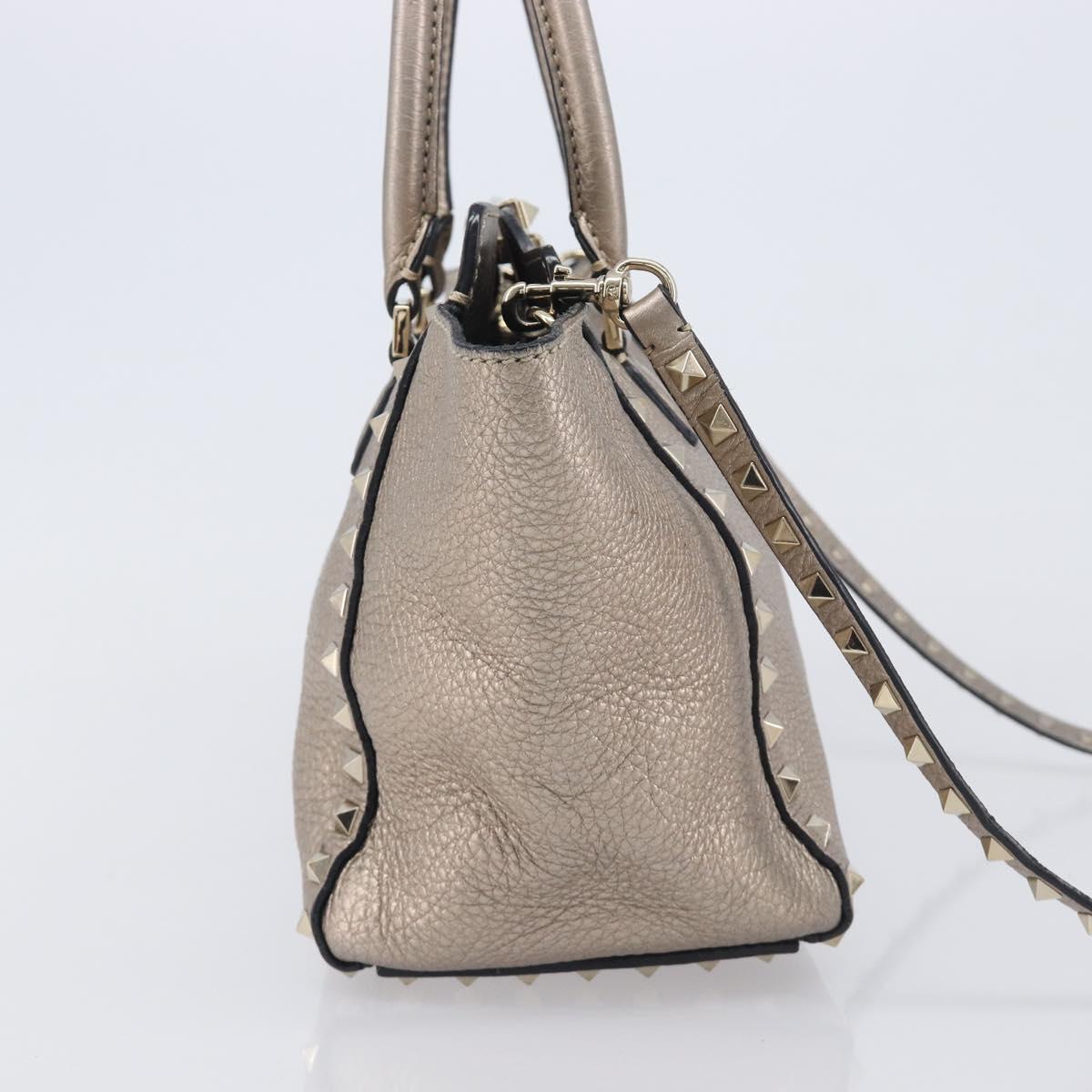 Valentino Rock Studs Hand Bag Leather 2way Gold Auth BA16848