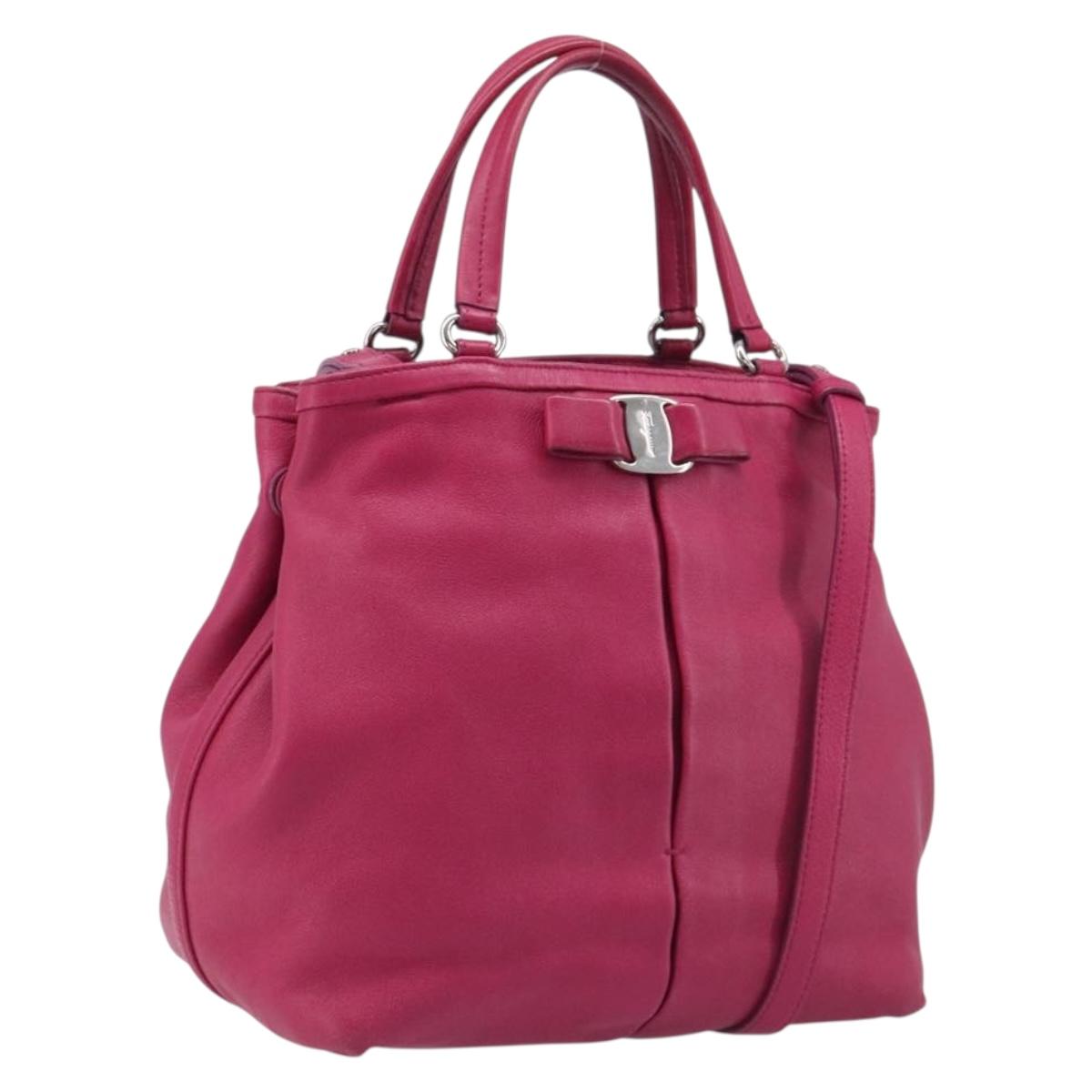 Salvatore Ferragamo Vala Hand Bag Leather 2way Pink Silver Auth BA16849A