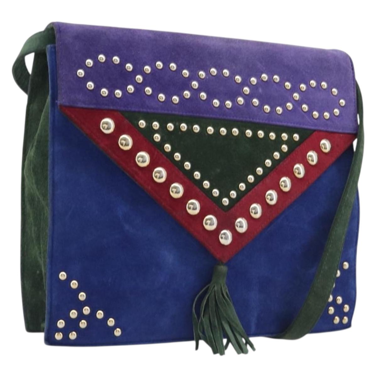Saint Laurent Studs Shoulder Bag Suede Blue Gold Tone Auth BA16851