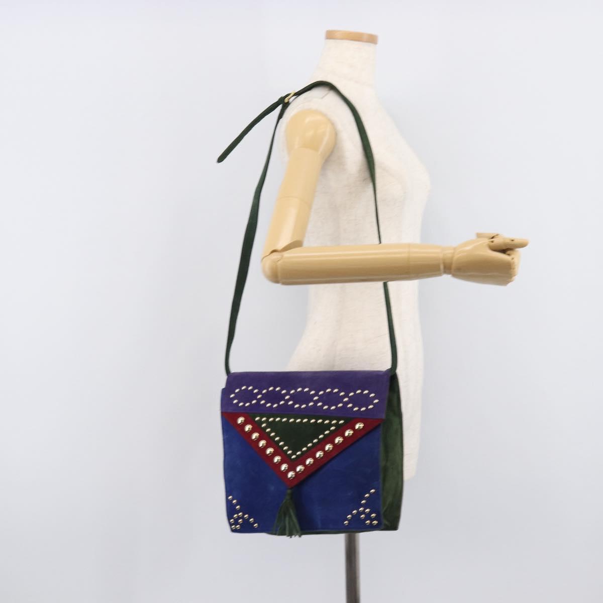 Saint Laurent Studs Shoulder Bag Suede Blue Gold Tone Auth BA16851