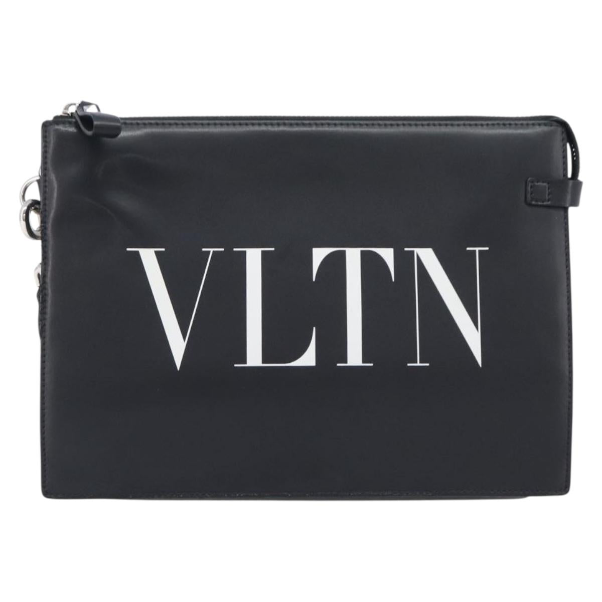 Valentino Clutch Bag Leather Black Silver Auth BA16865