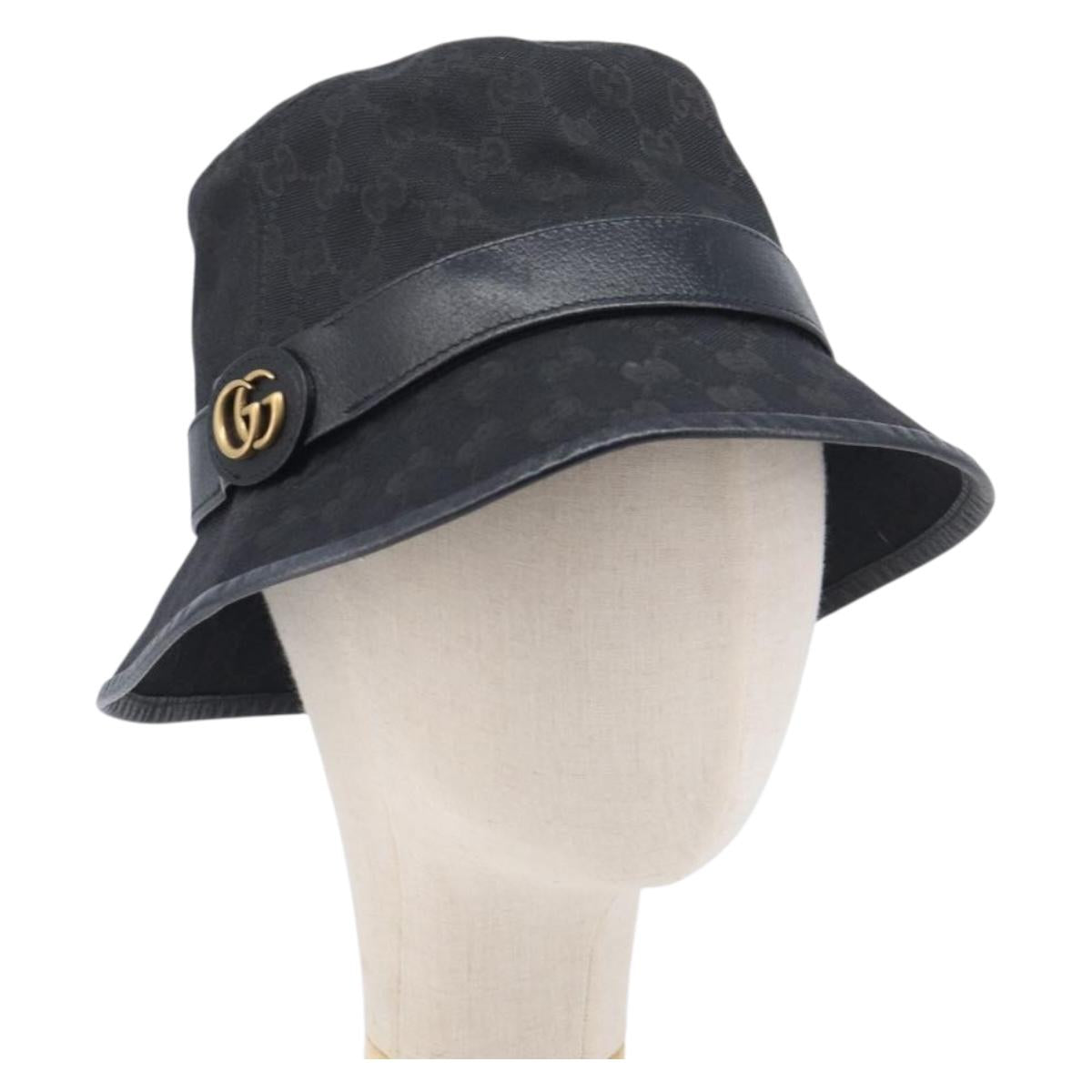 GUCCI GG Canvas Bucket Hat Black Gold Tone 576587 Auth BA16873V