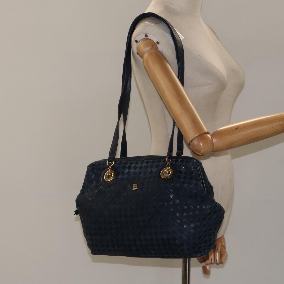 BALLY Shoulder Bag Leather Navy Gold Auth BA1693