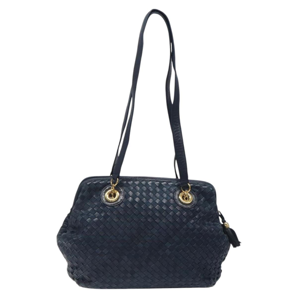 BALLY Shoulder Bag Leather Navy Gold Auth BA1693