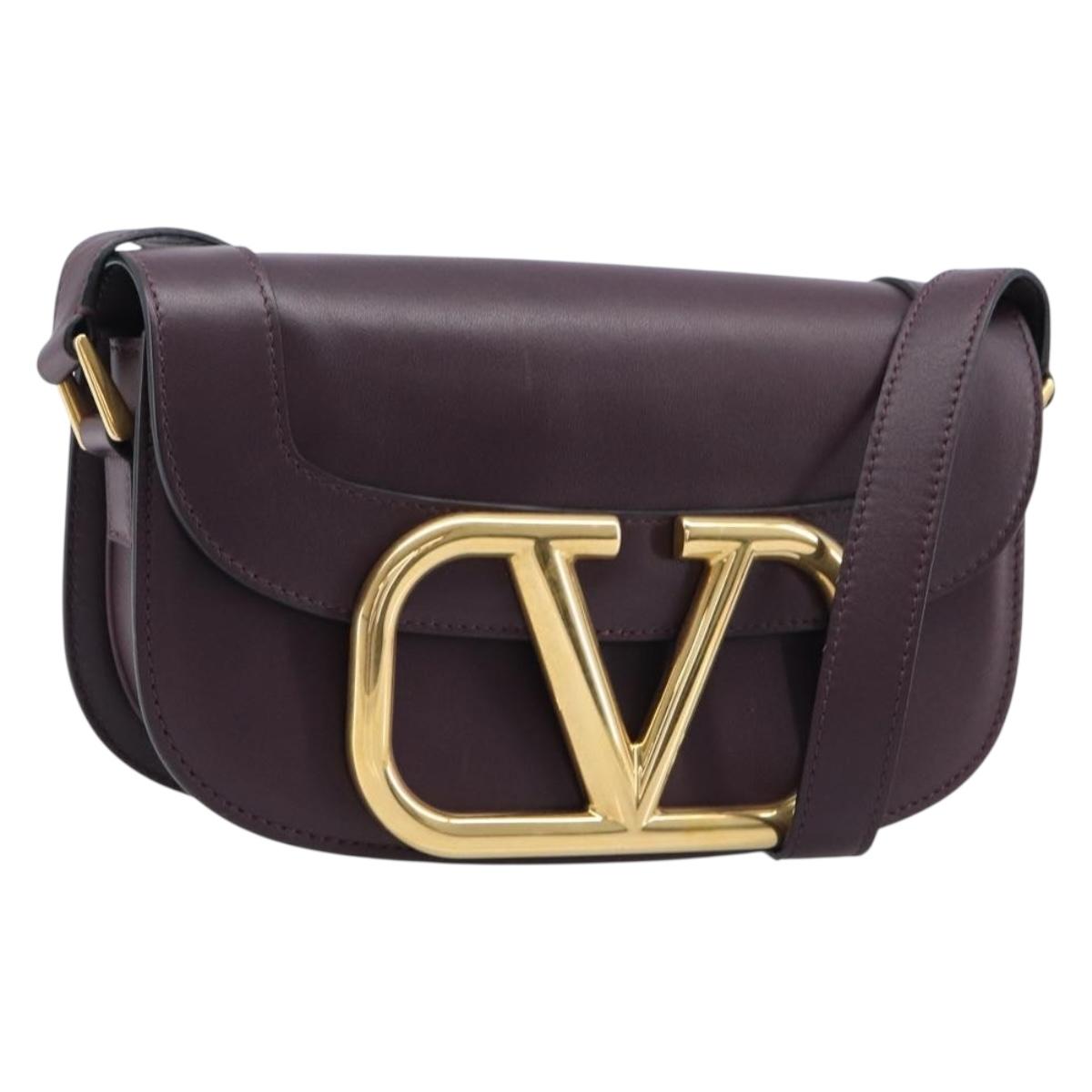 Valentino Super Vee Shoulder Bag Leather Bordeaux Gold Auth BA16991V