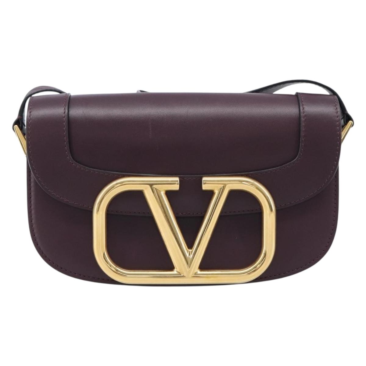 Valentino Super Vee Shoulder Bag Leather Bordeaux Gold Auth BA16991V
