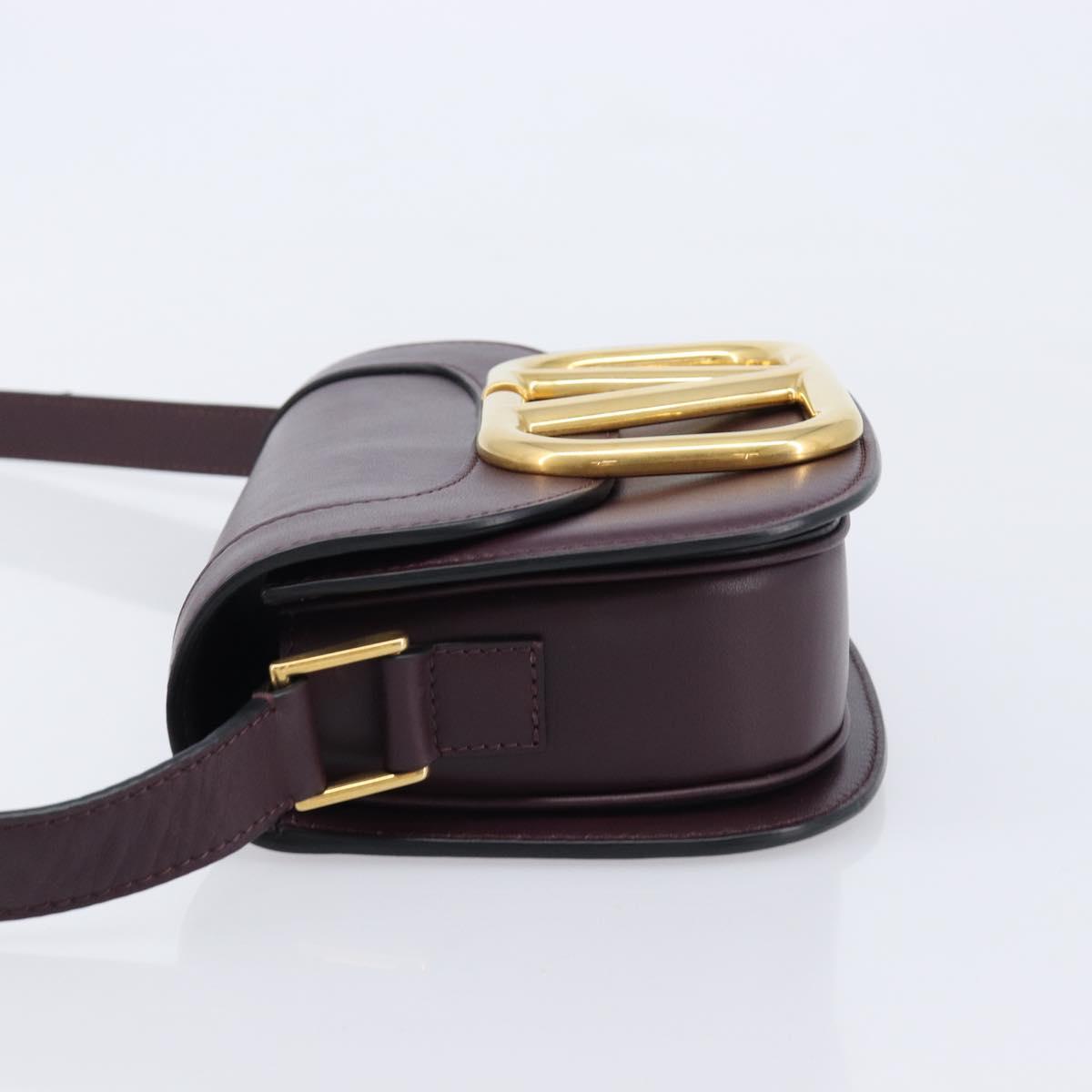 Valentino Super Vee Shoulder Bag Leather Bordeaux Gold Auth BA16991V