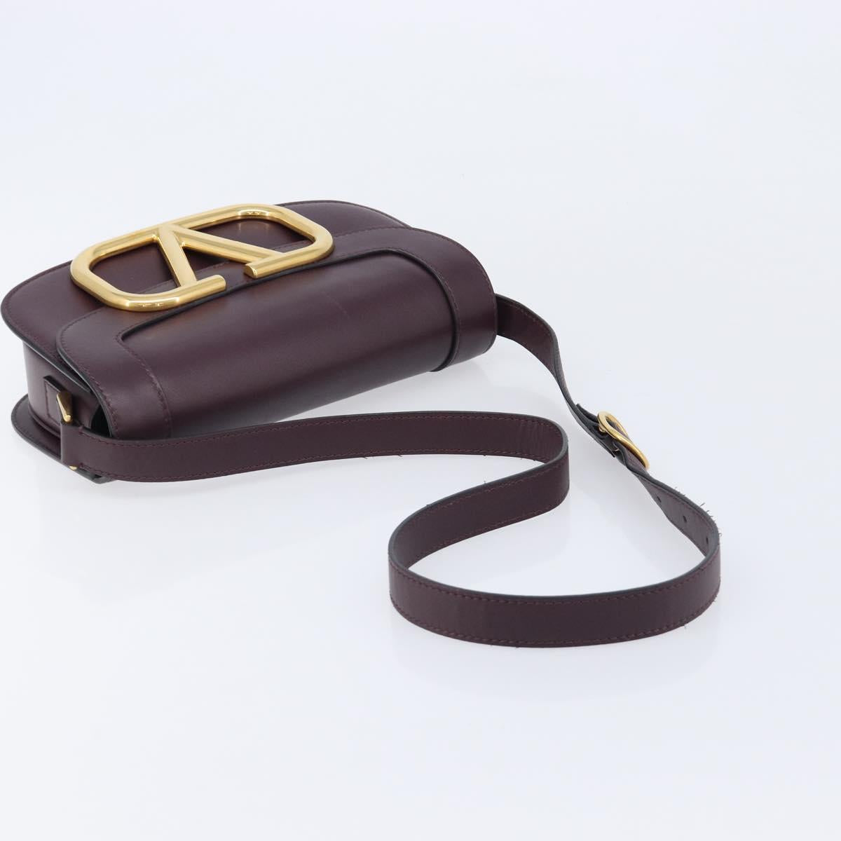 Valentino Super Vee Shoulder Bag Leather Bordeaux Gold Auth BA16991V