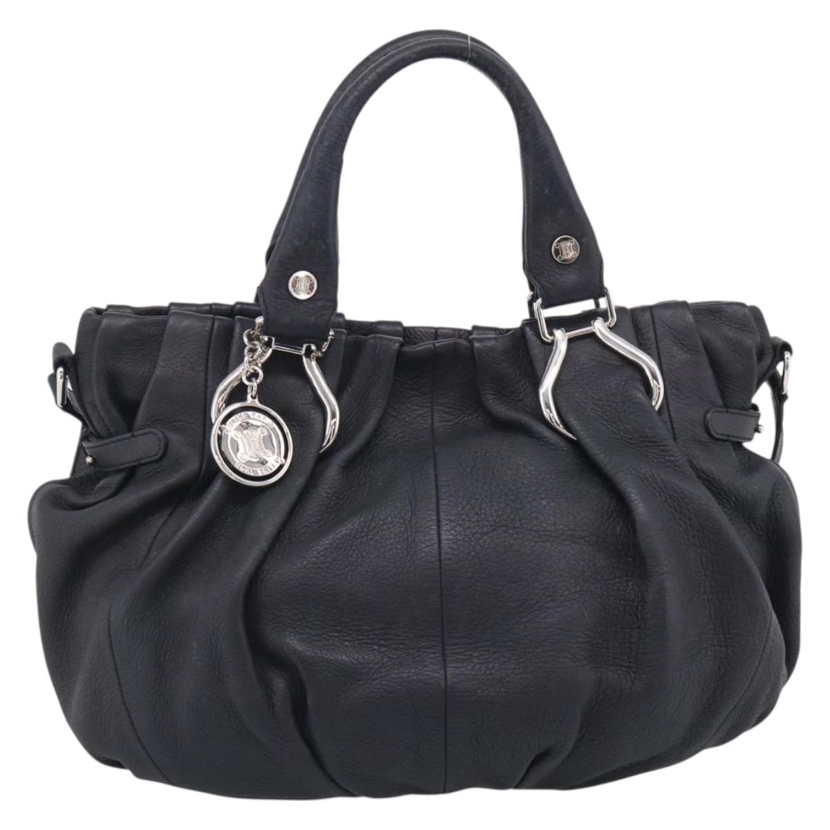 CELINE Pillow Small Hand Bag Leather 2way Black Silver Auth BA16996A