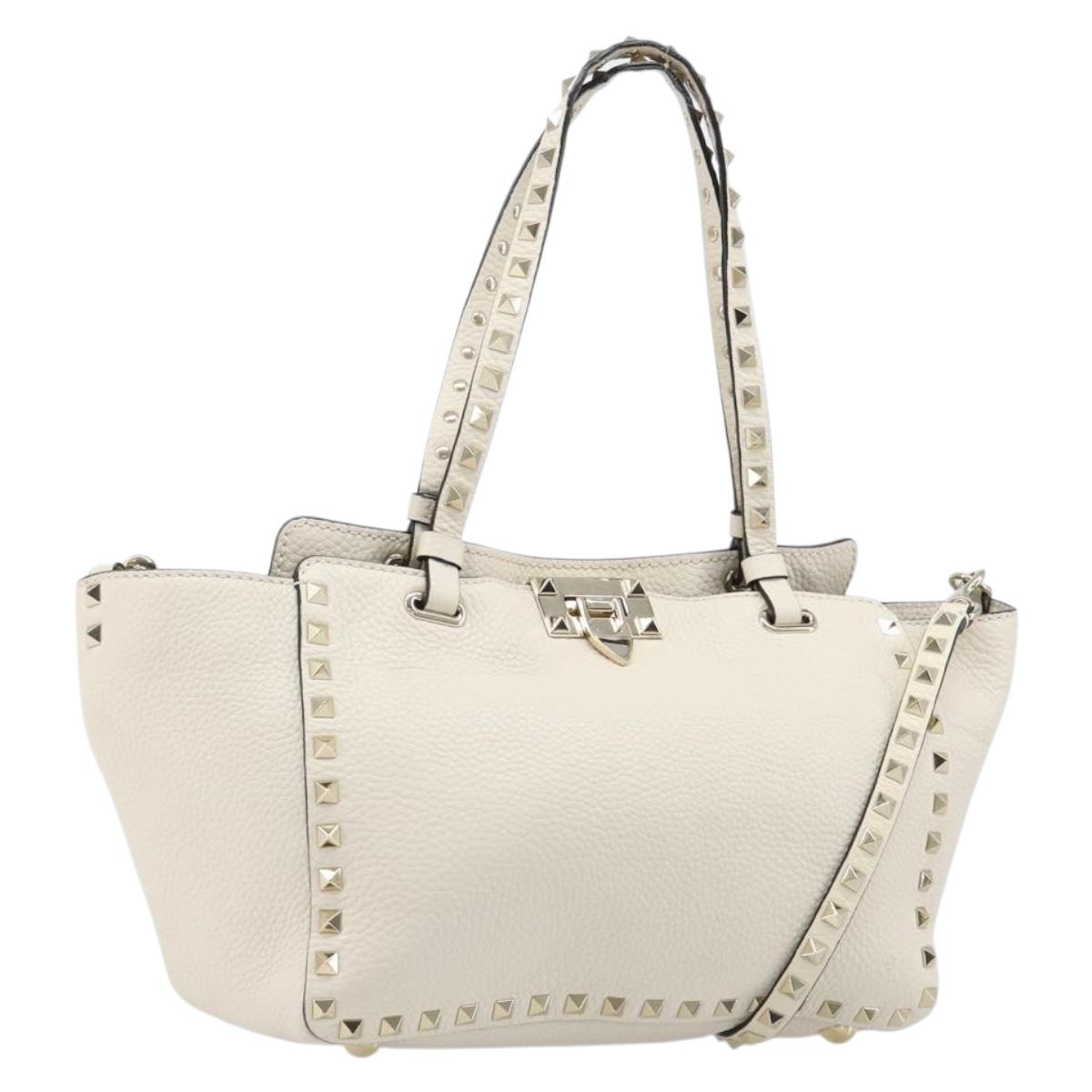 Valentino Rock Studs Hand Bag Leather 2way White Gold Auth BA16999A