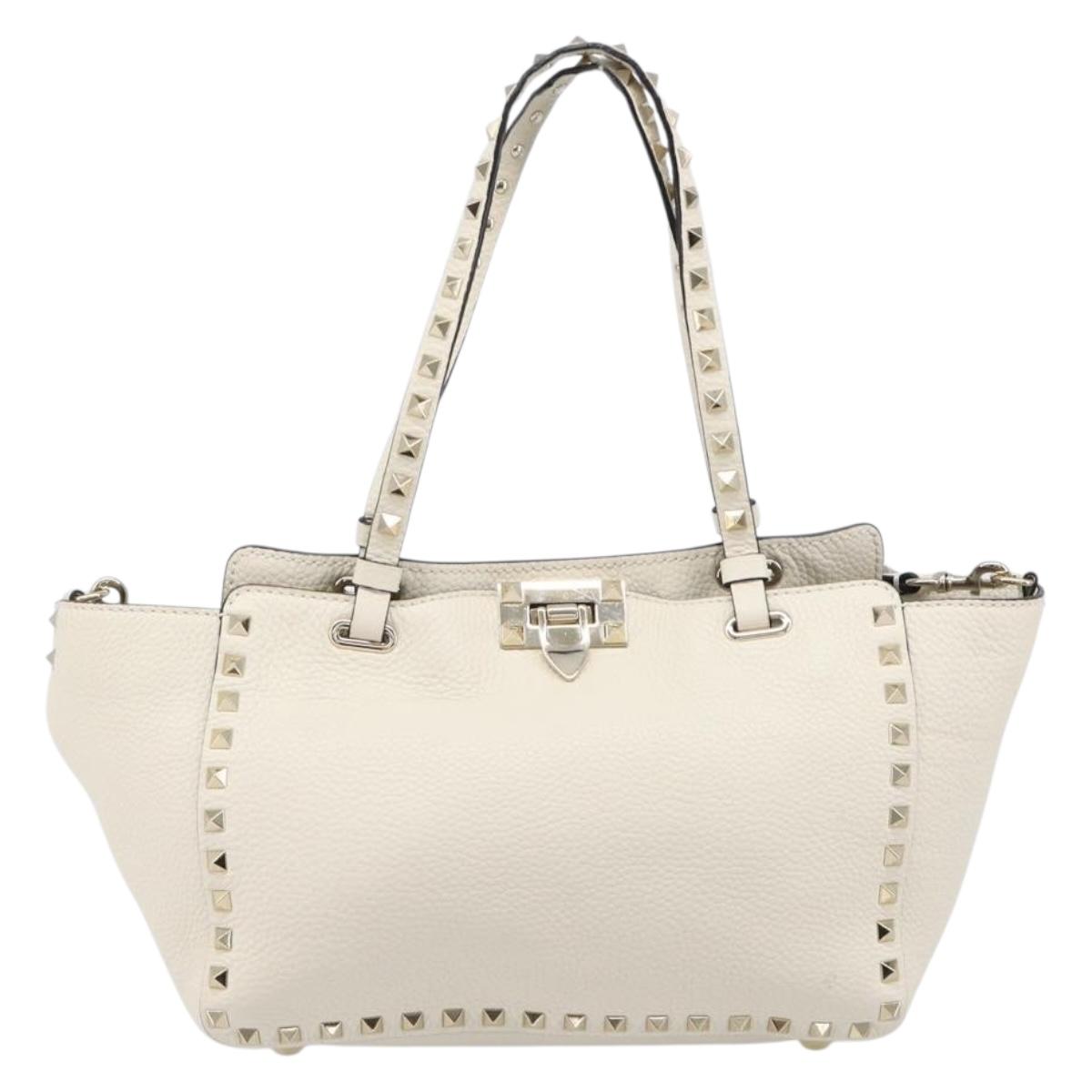 Valentino Rock Studs Hand Bag Leather 2way White Gold Auth BA16999A