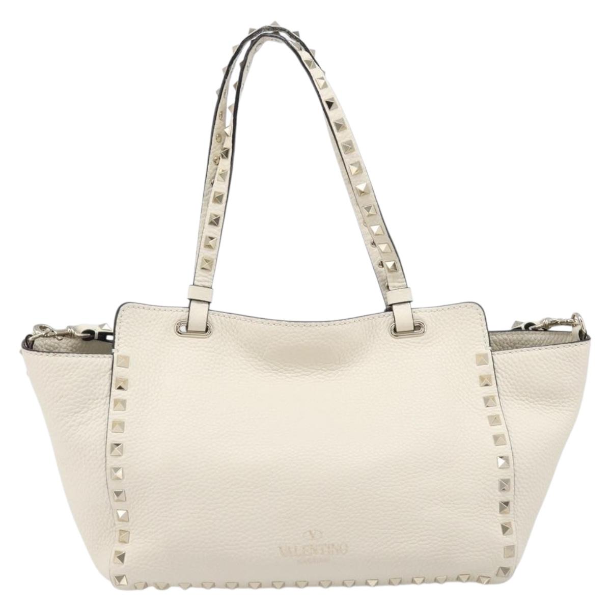 Valentino Rock Studs Hand Bag Leather 2way White Gold Auth BA16999A