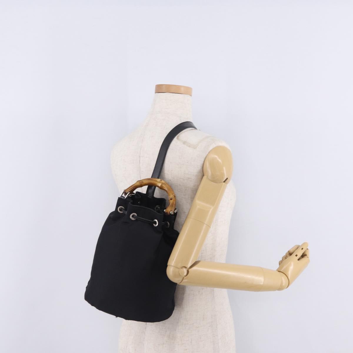 GUCCI Bamboo Hand Bag Nylon 2way Black Silver Auth BA17005
