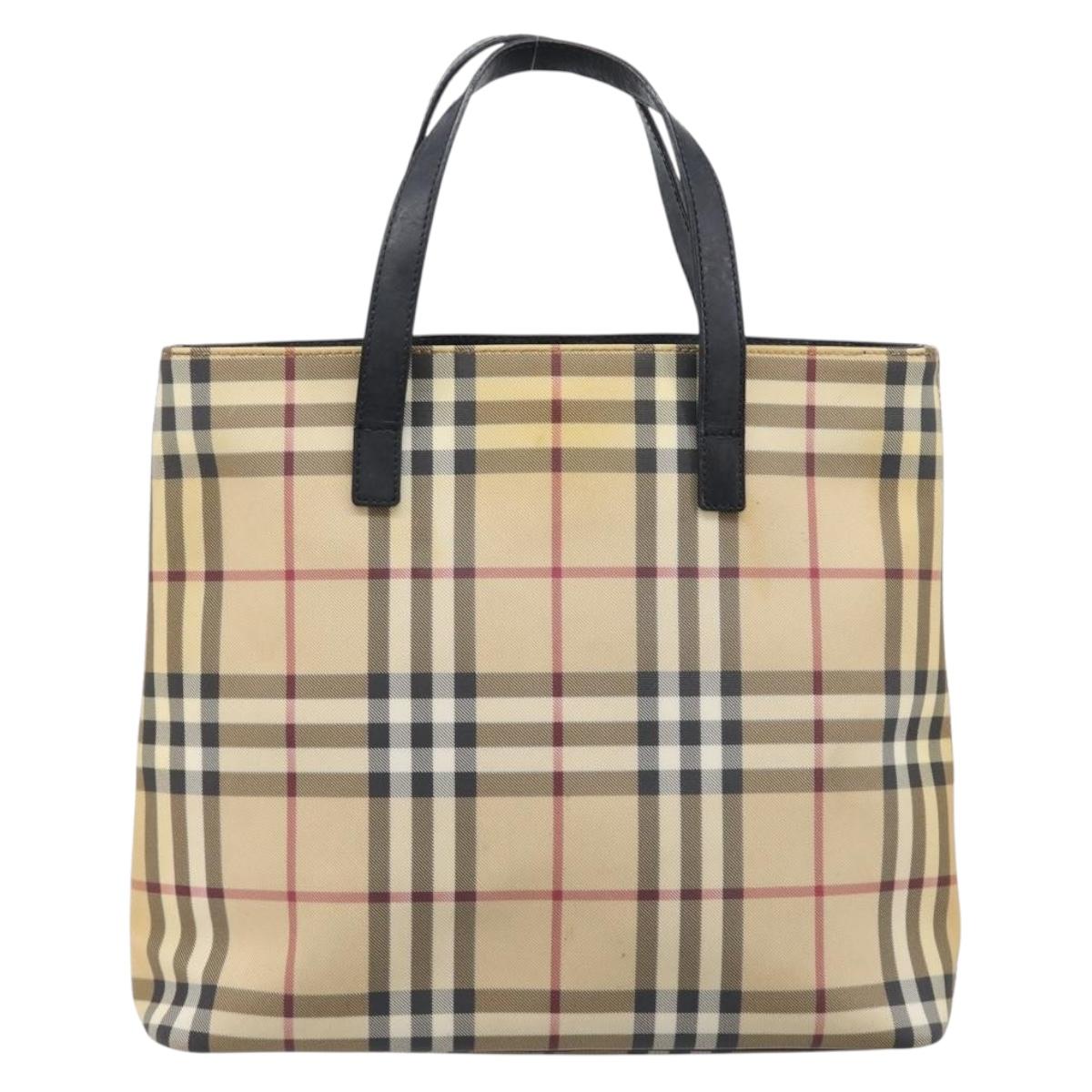 BURBERRY Nova Check Hand Bag PVC Leather Beige Auth BA17012