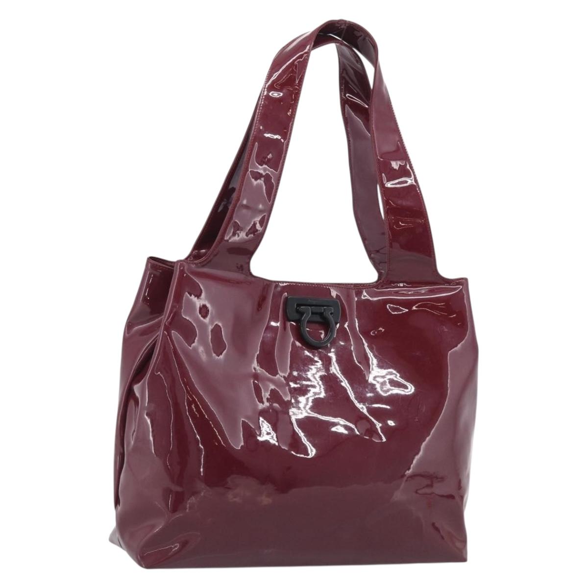 Salvatore Ferragamo Gancini Shoulder Bag Patent Bordeaux Silver Auth BA17014